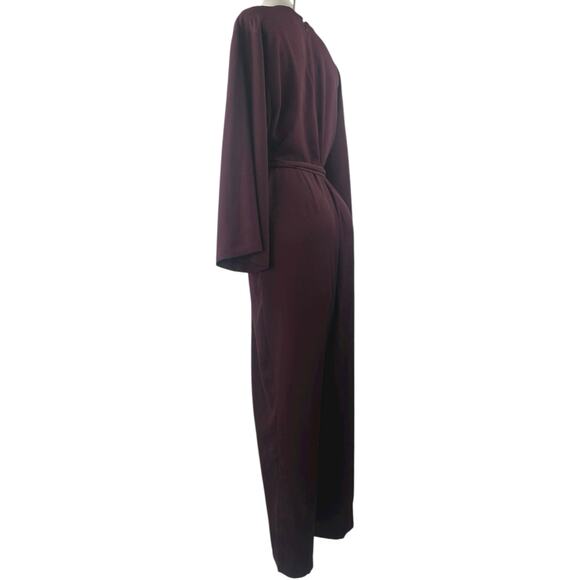Gap Women's Brown V-neck Long Bell Sleeve V-neck Belted Tapered Jumpsuit Size 16 - Picture 3 of 6